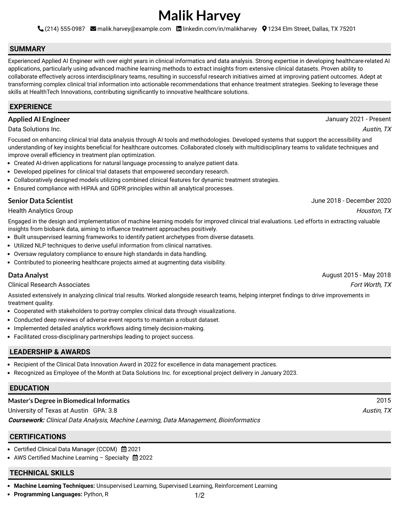 Resume Example Page 1