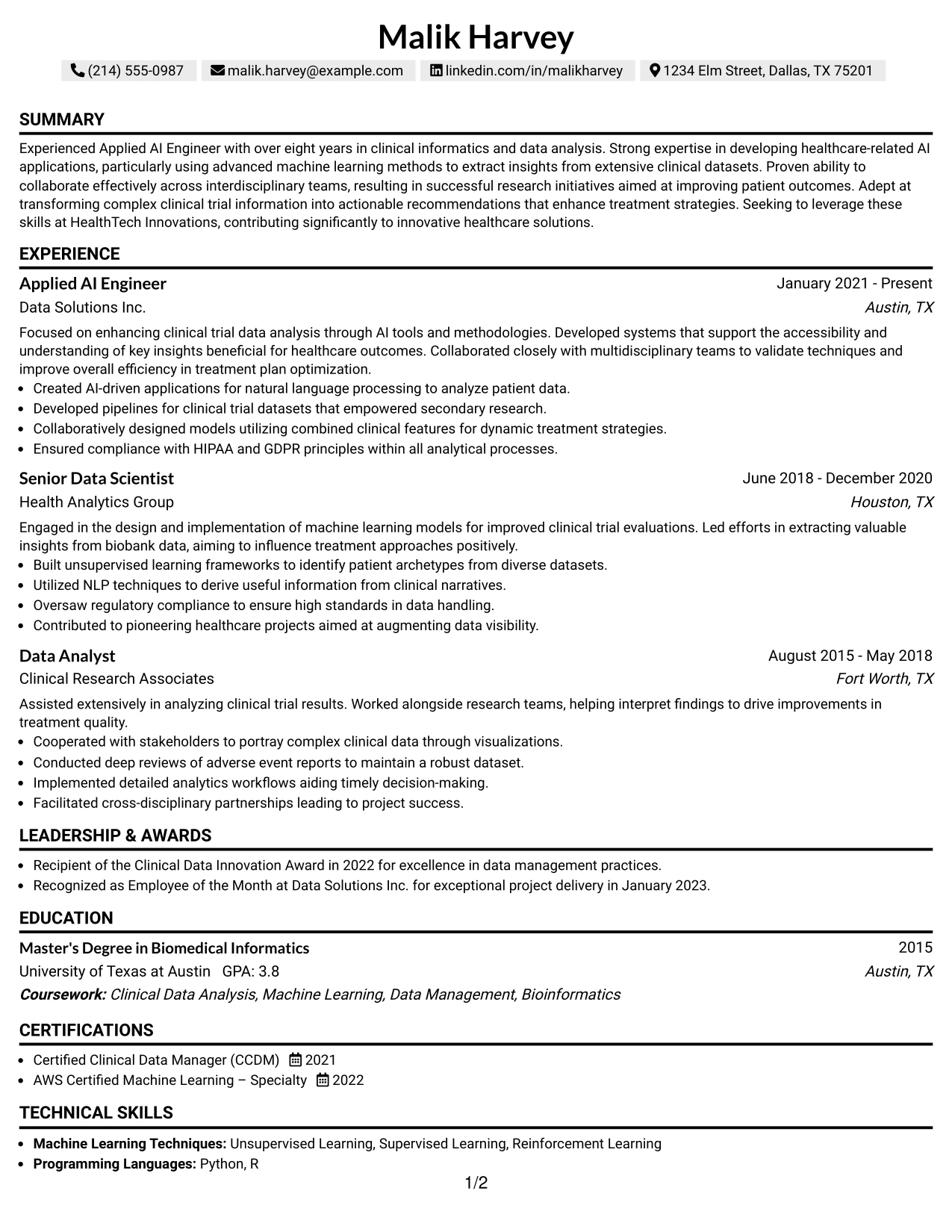 Resume Example Page 1