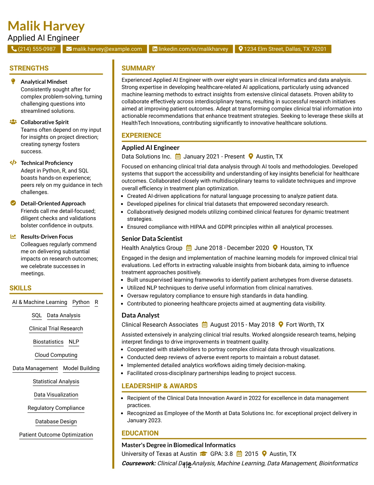 Resume Example Page 1