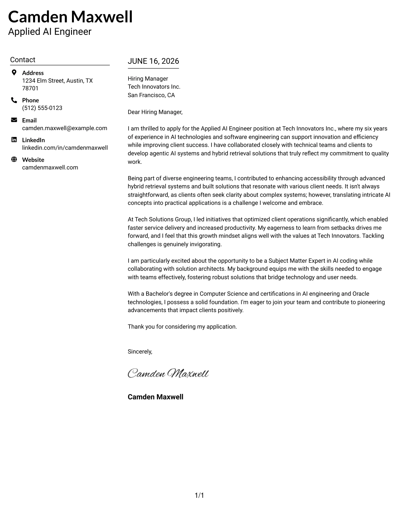 Resume Example Page 1