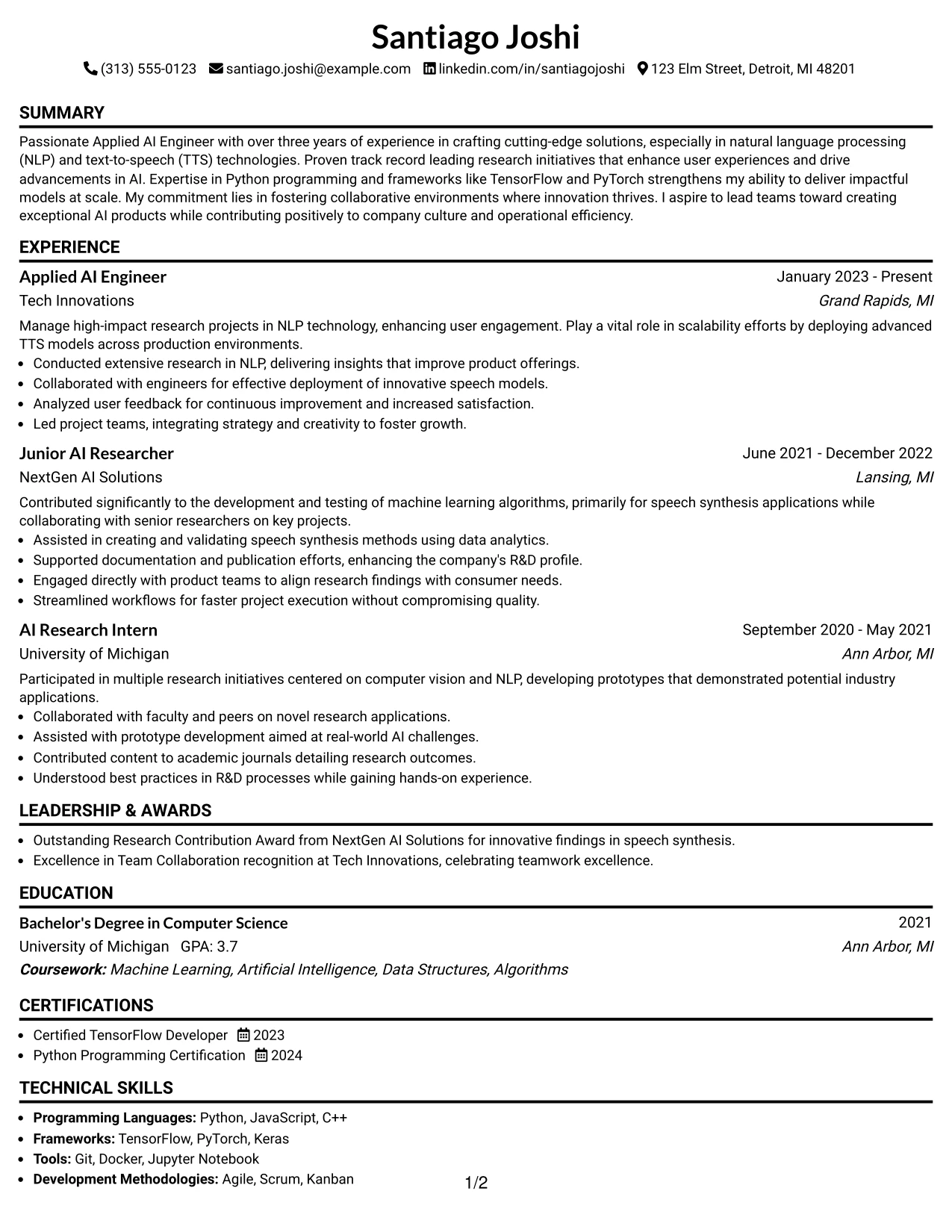 Resume Example Page 1