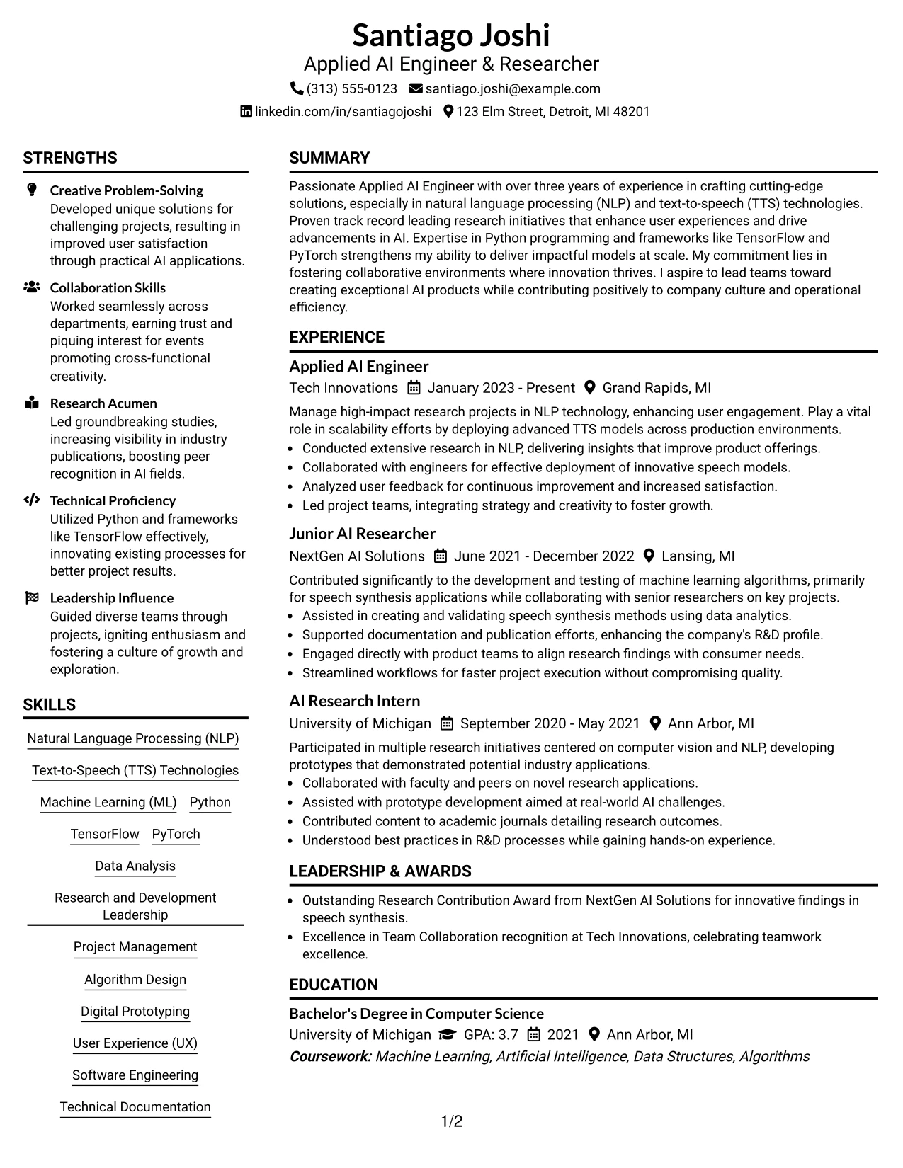 Resume Example Page 1