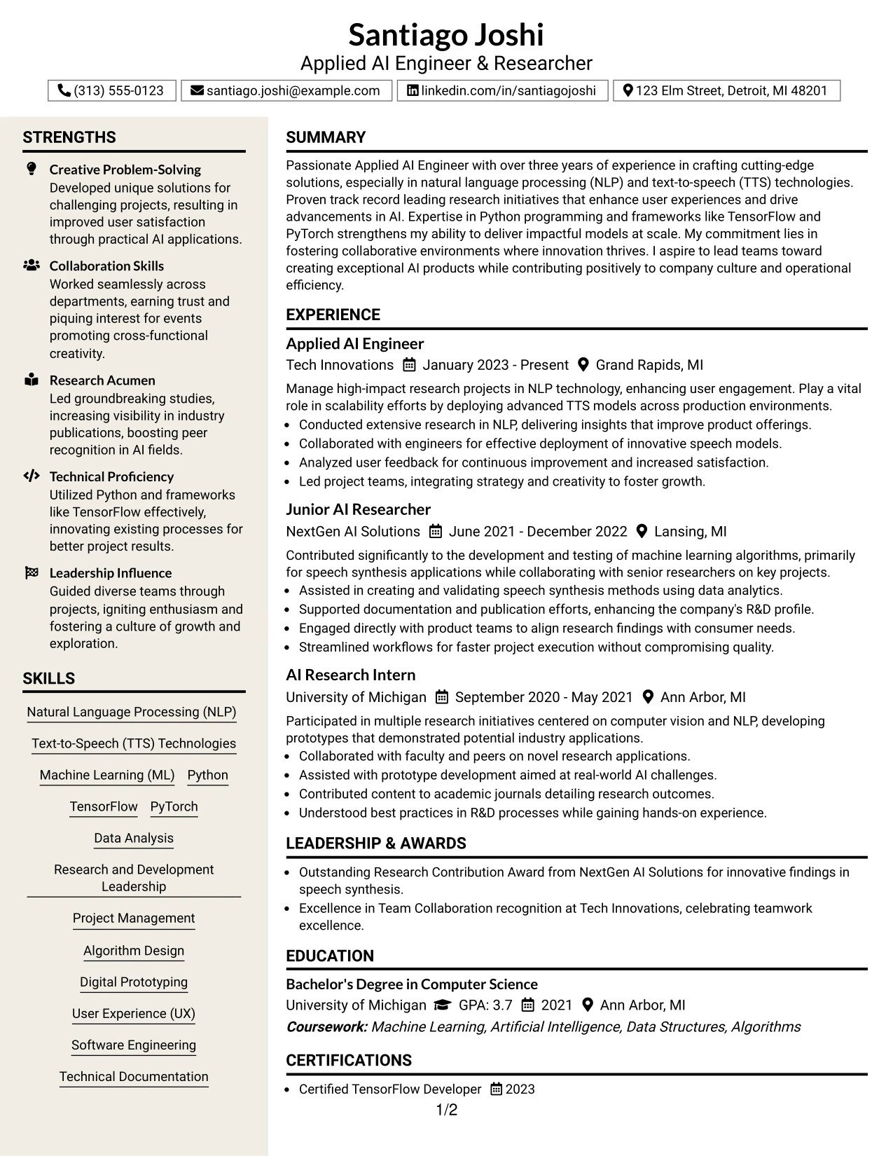 Resume Example Page 1