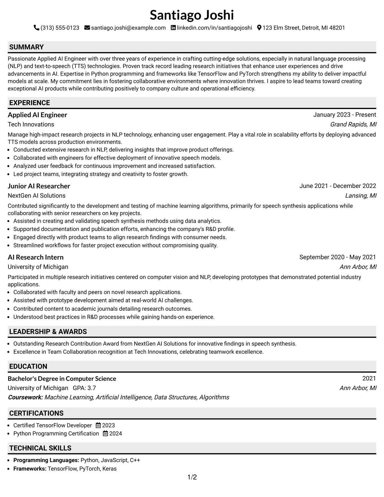 Resume Example Page 1