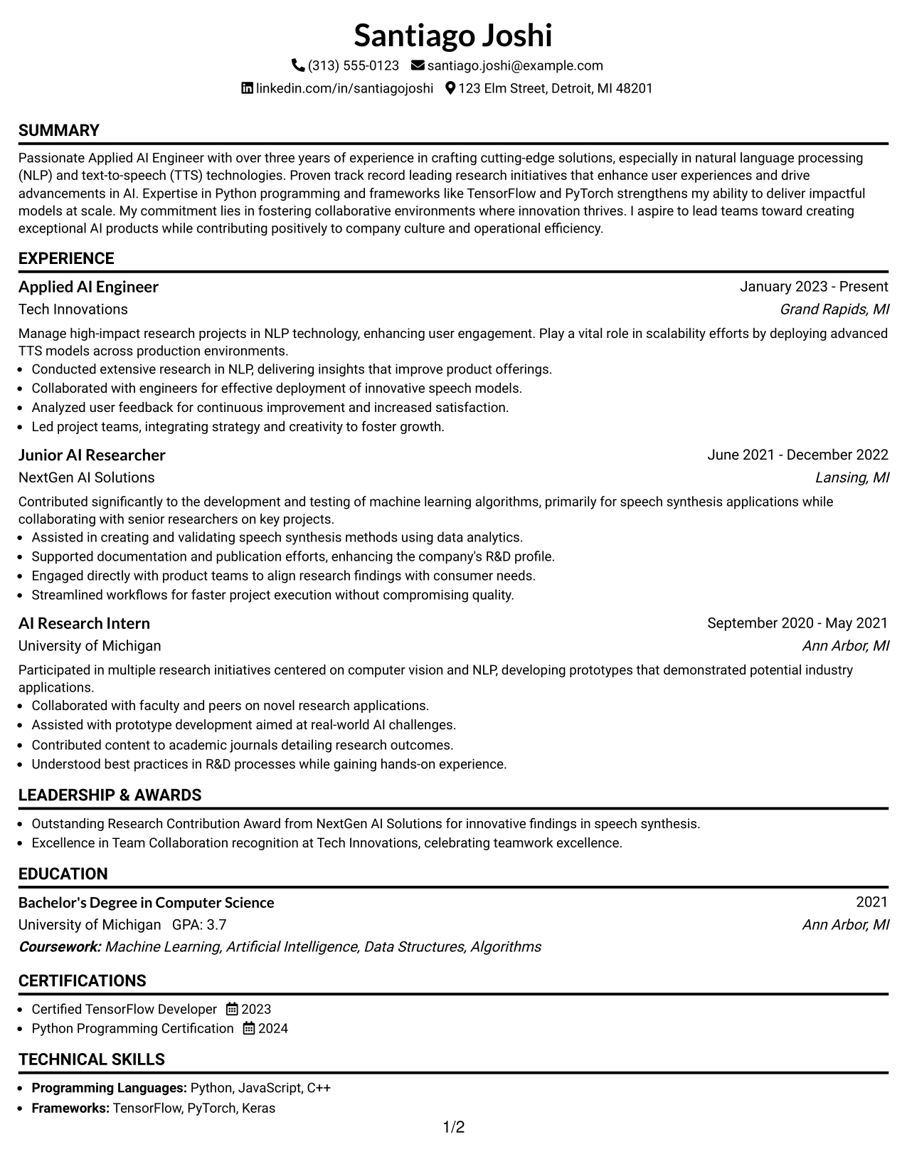 Resume Example Page 1