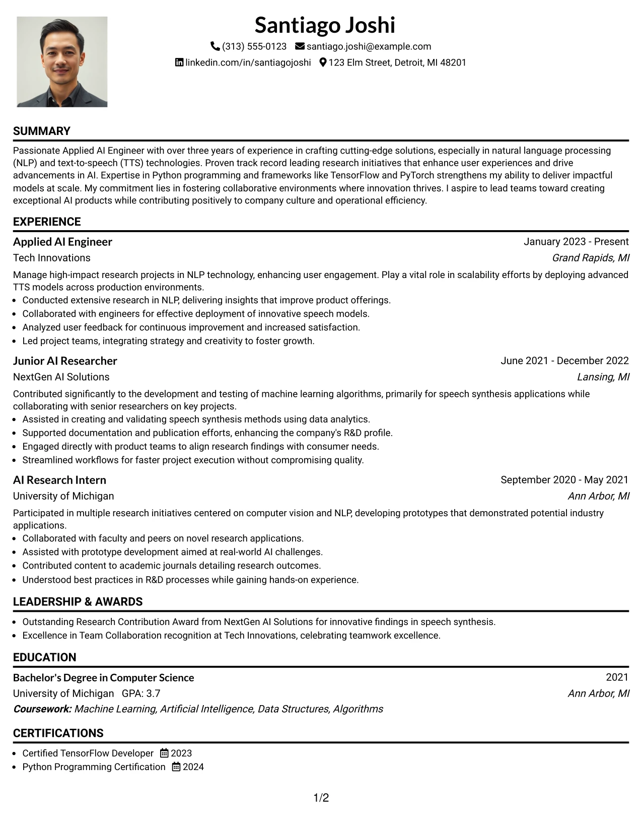 Resume Example Page 1