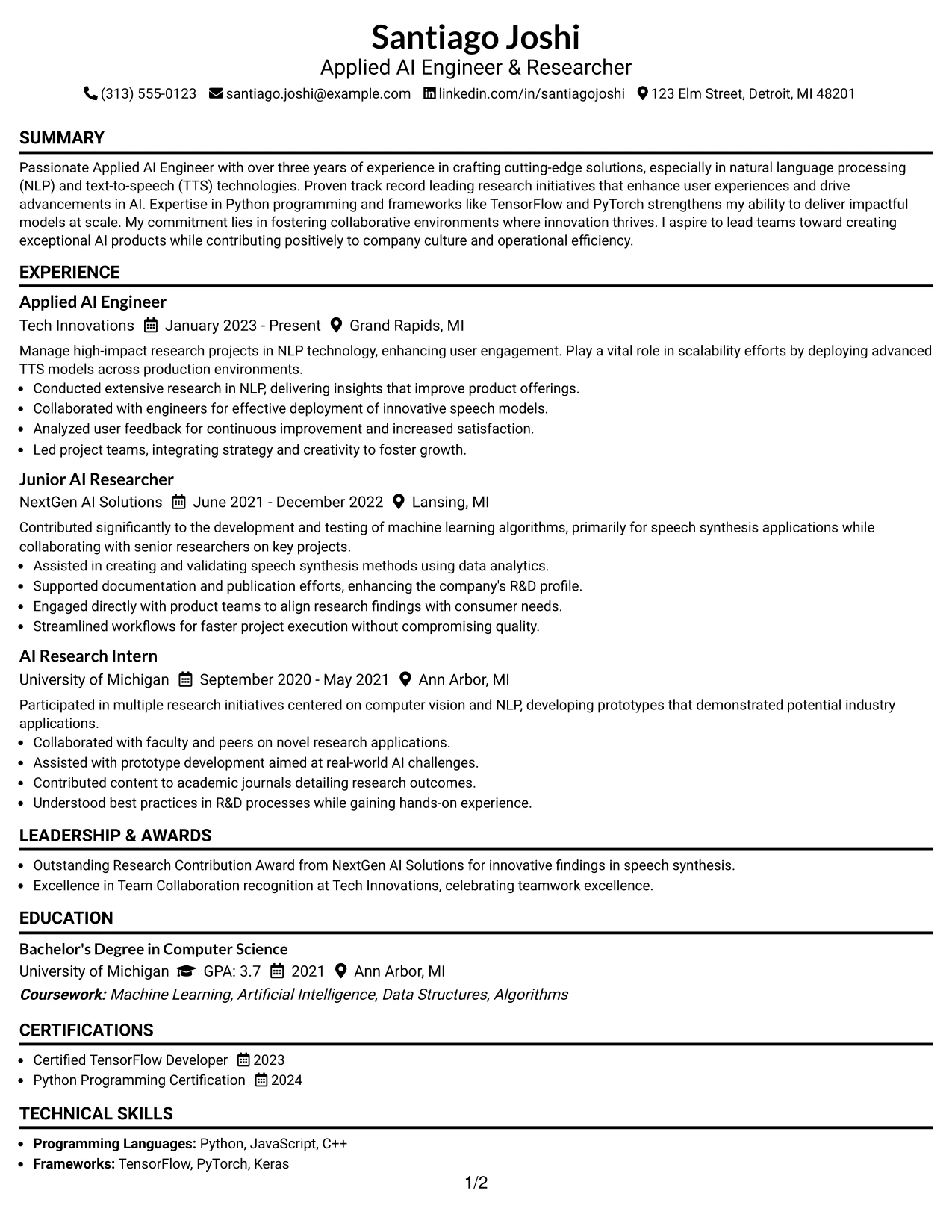 Resume Example Page 1