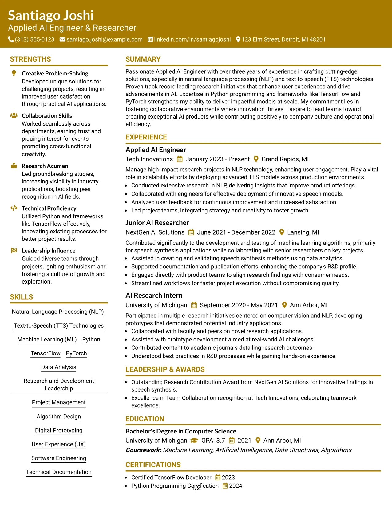 Resume Example Page 1