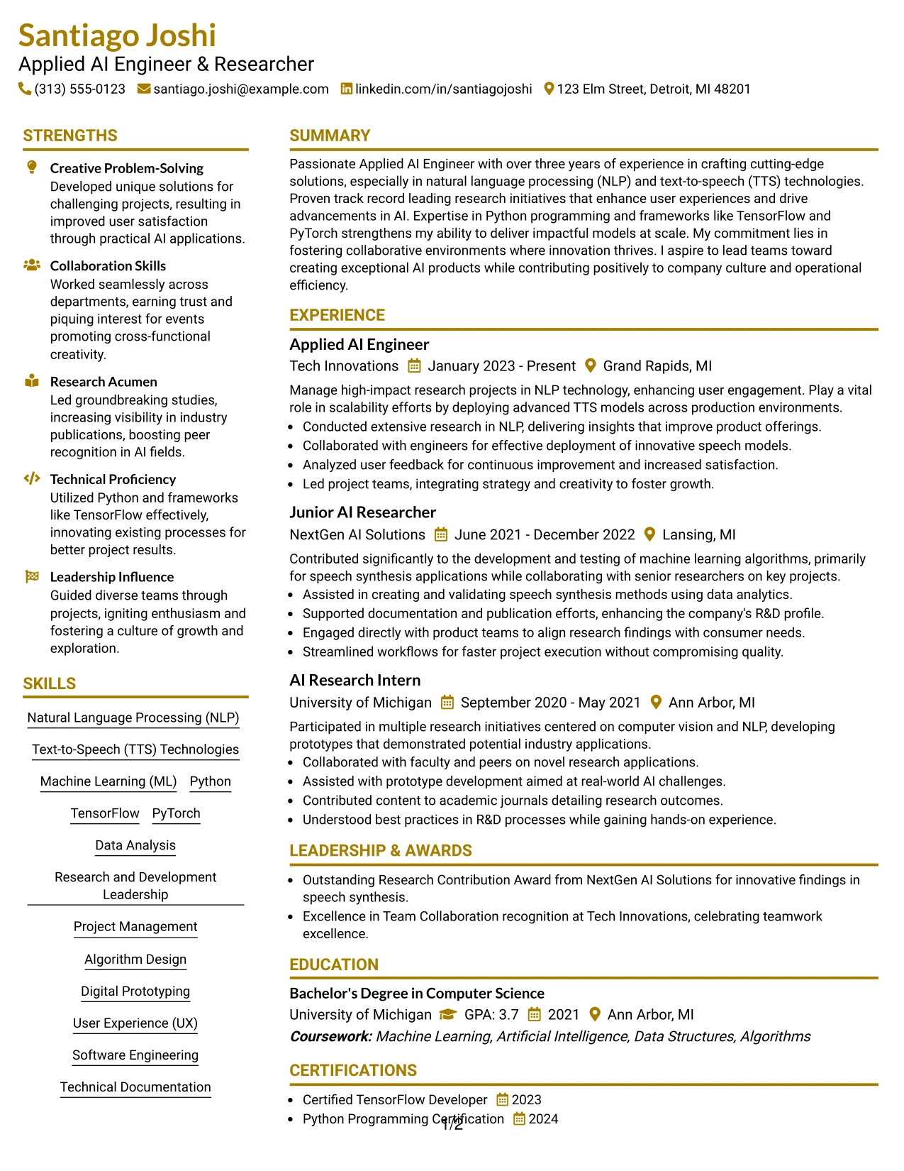 Resume Example Page 1