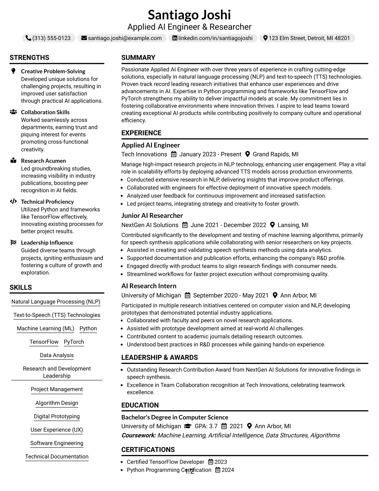 Resume Example Page 1