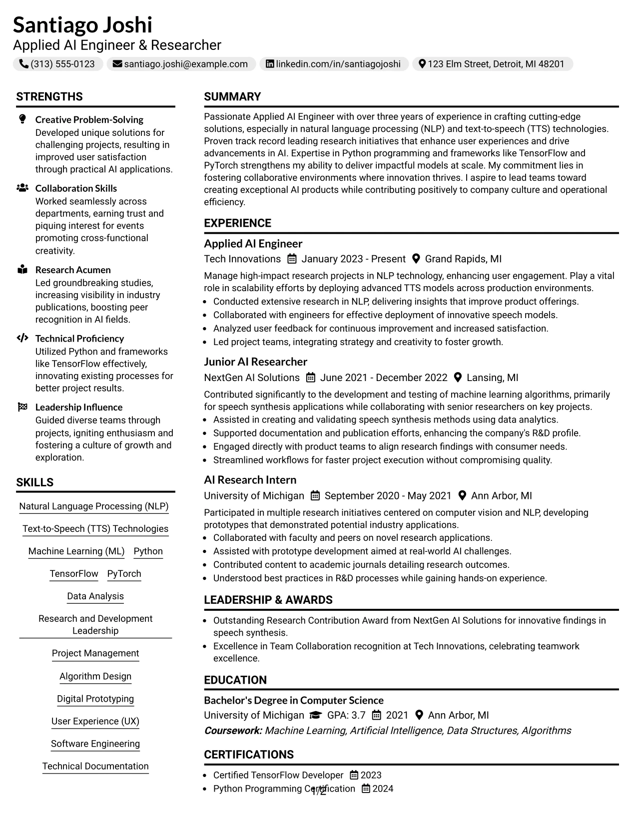 Resume Example Page 1
