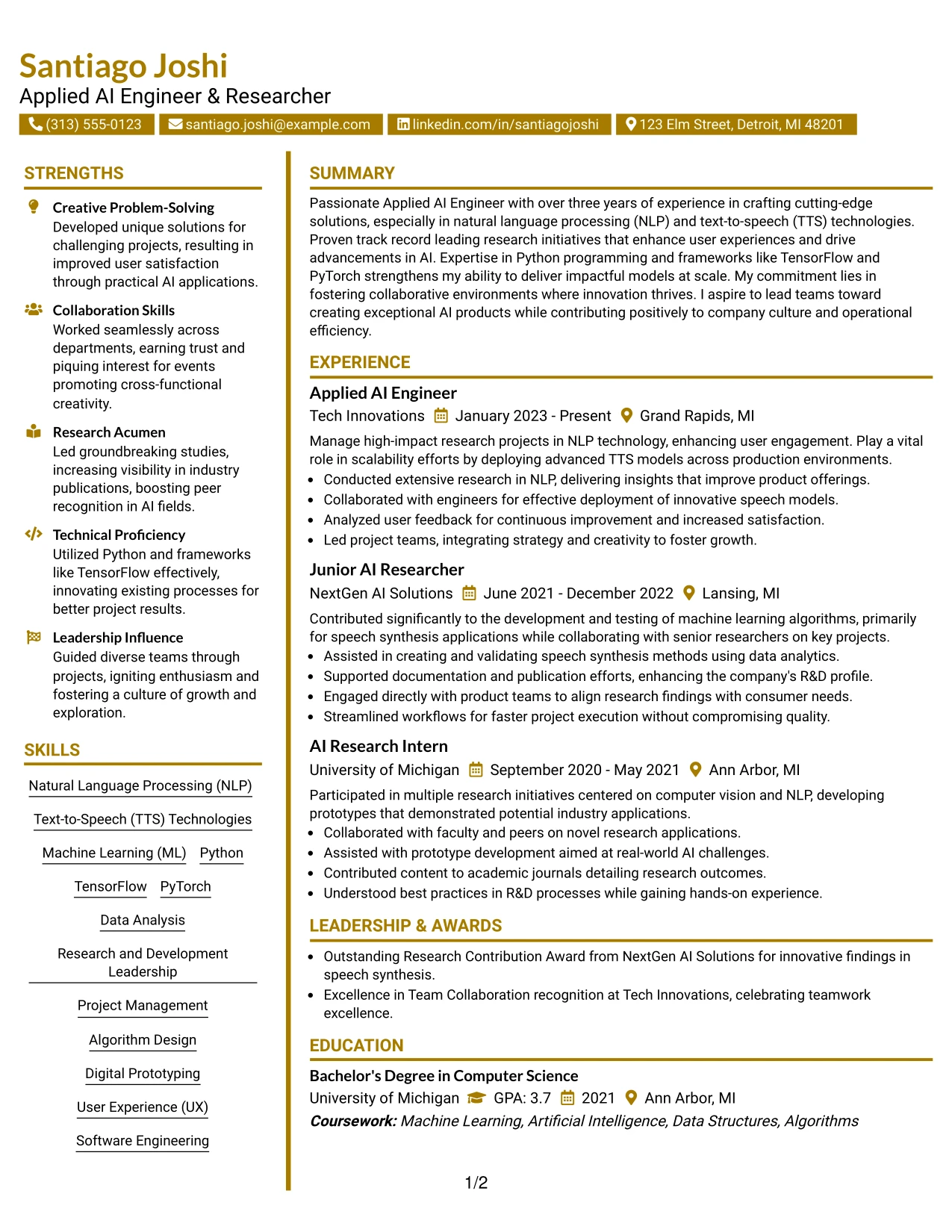 Resume Example Page 1