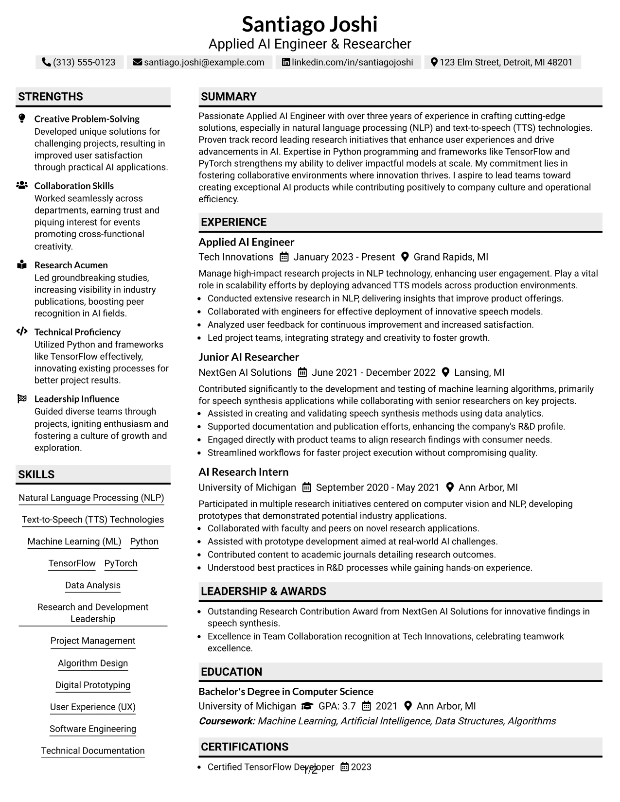 Resume Example Page 1