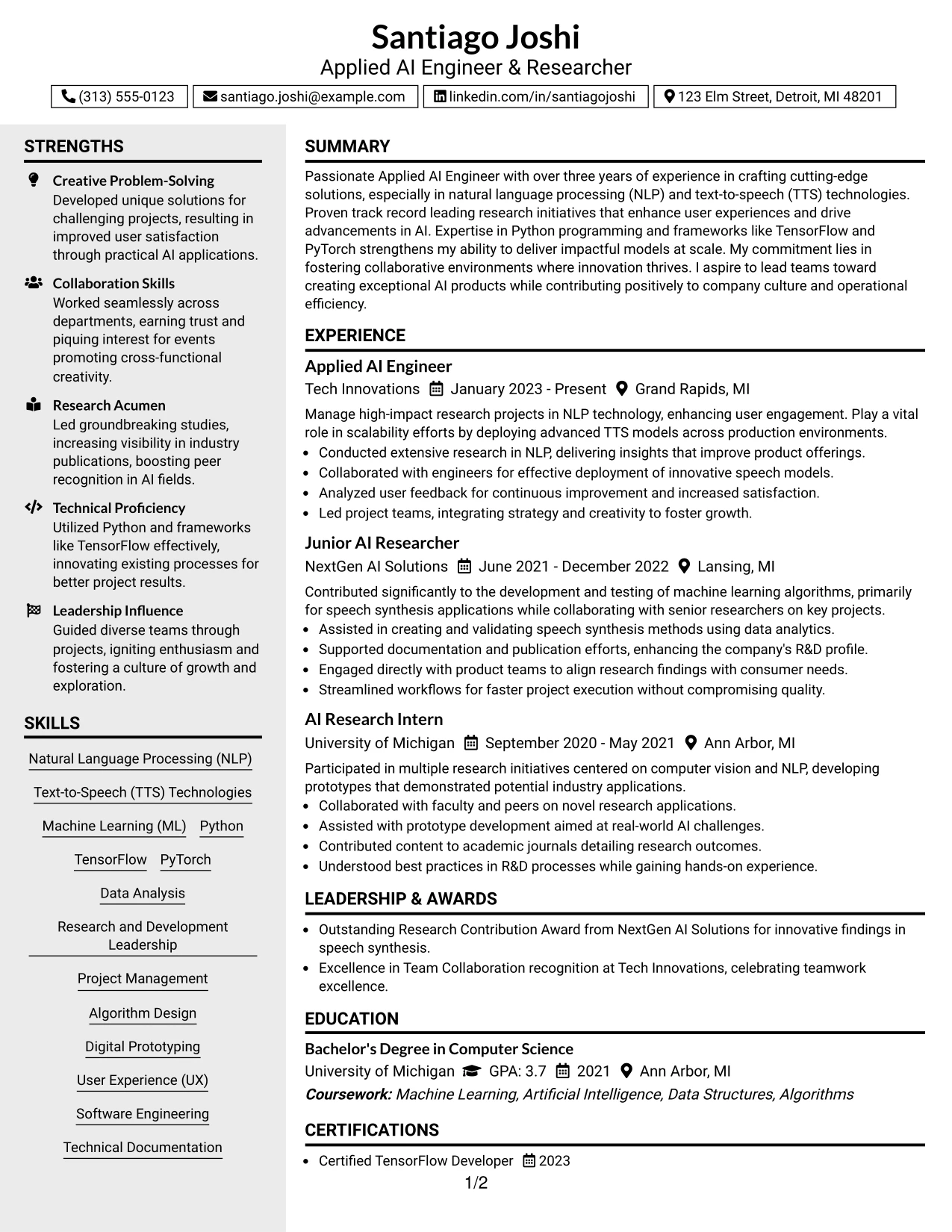 Resume Example Page 1