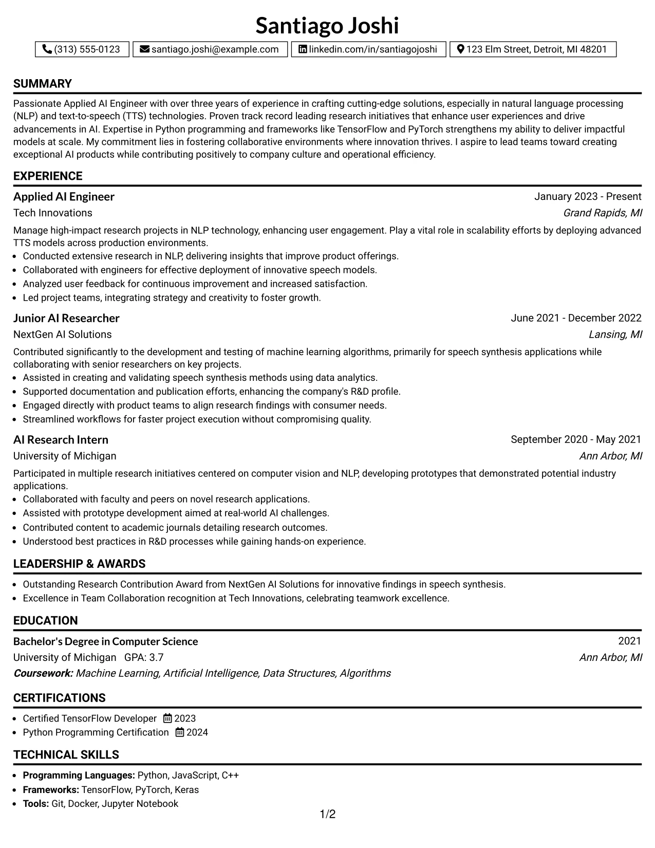 Resume Example Page 1