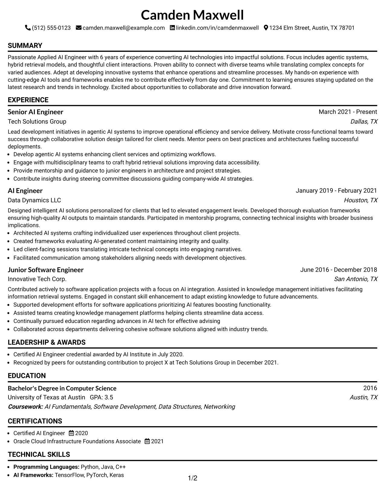 Resume Example Page 1
