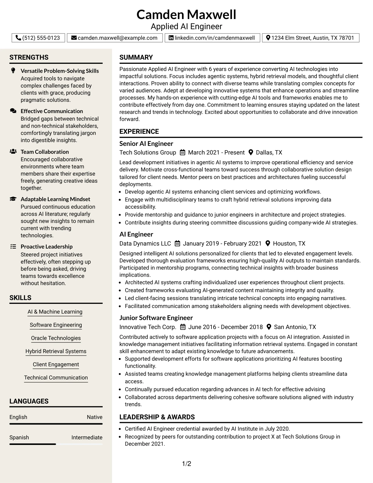 Resume Example Page 1