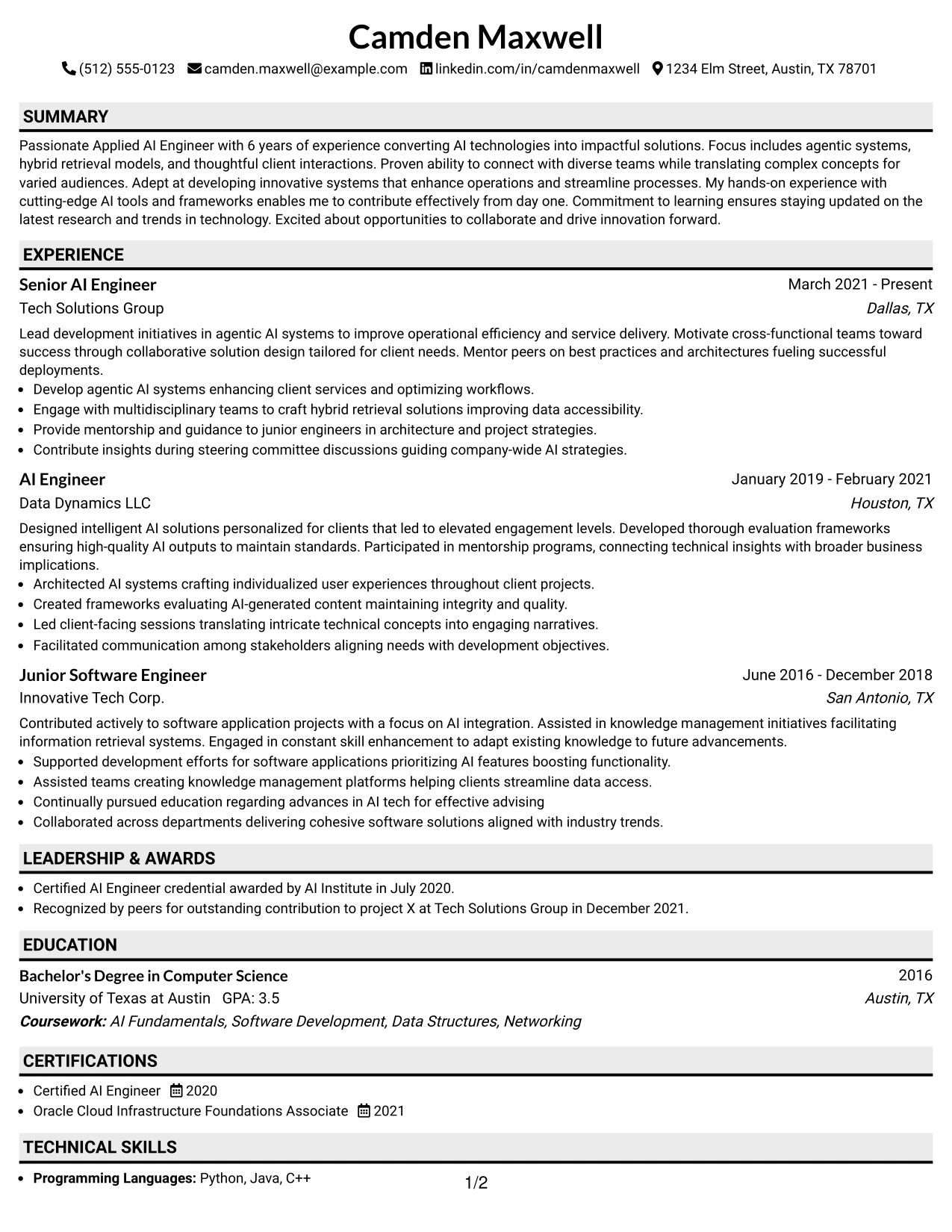 Resume Example Page 1