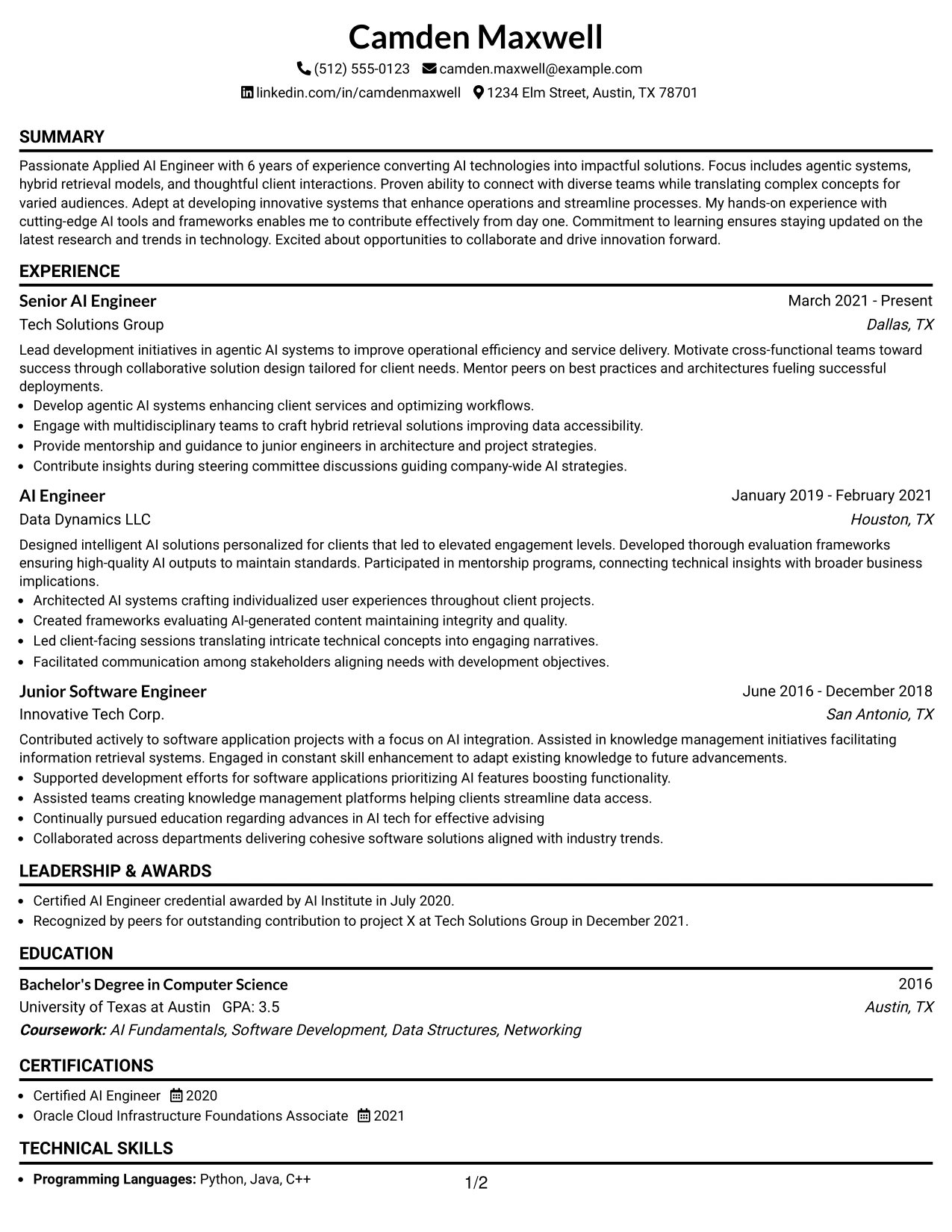 Resume Example Page 1