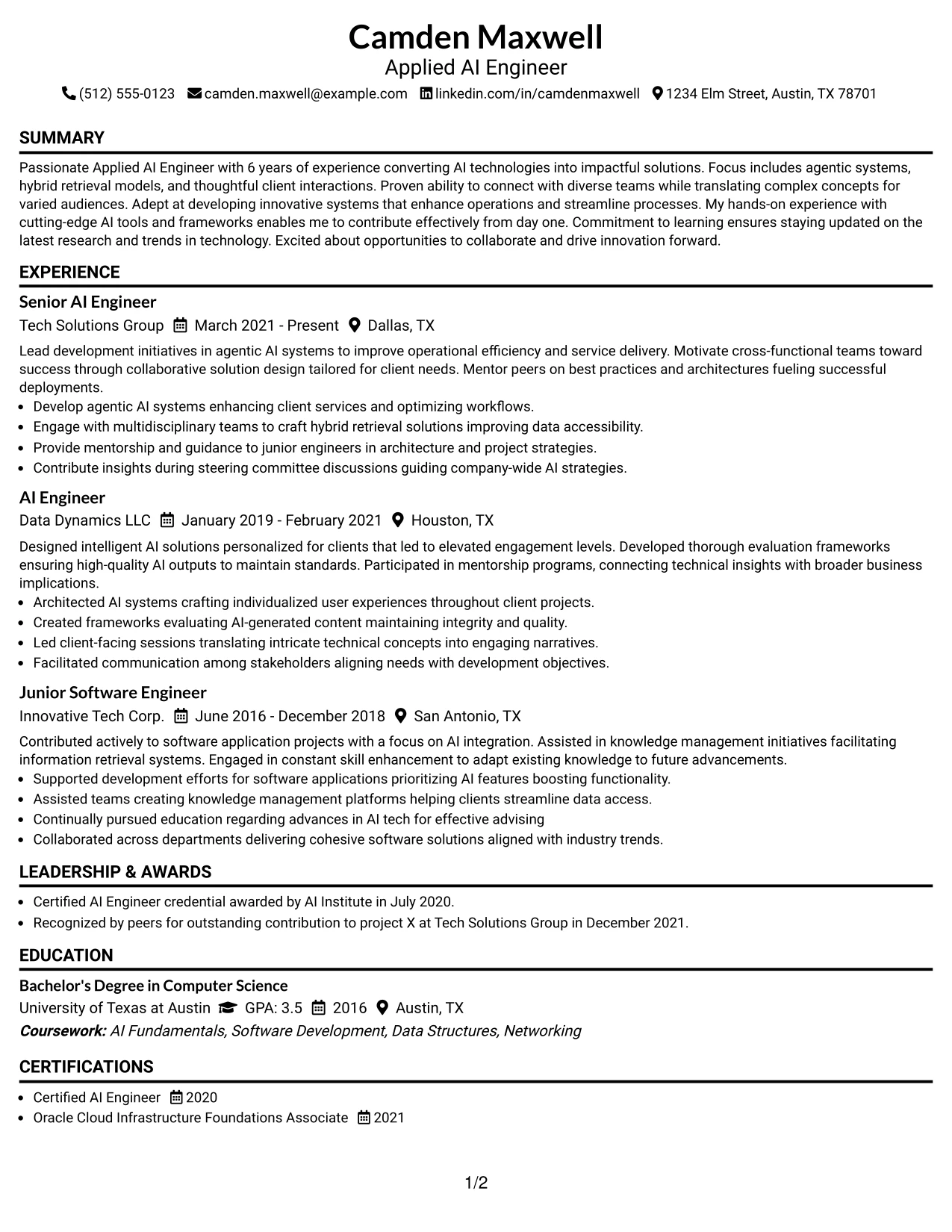 Resume Example Page 1