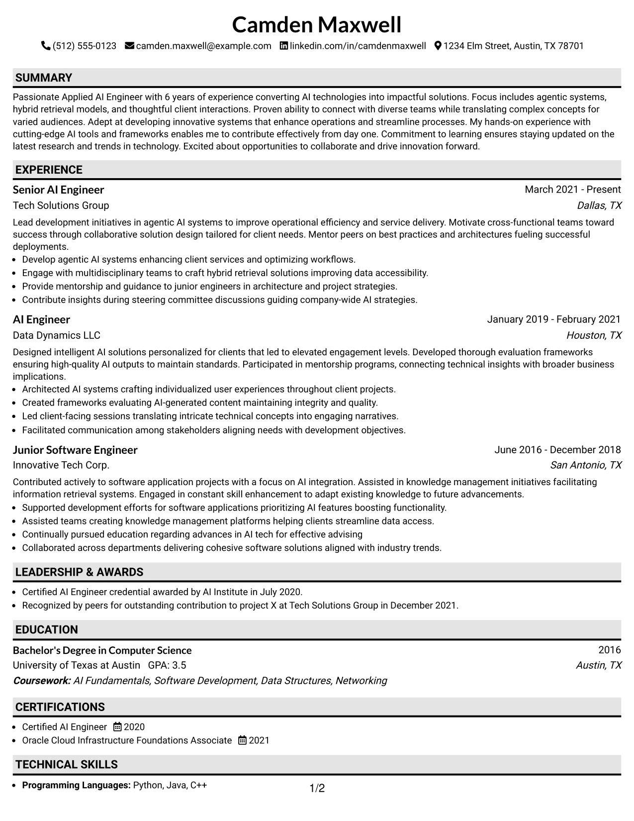 Resume Example Page 1