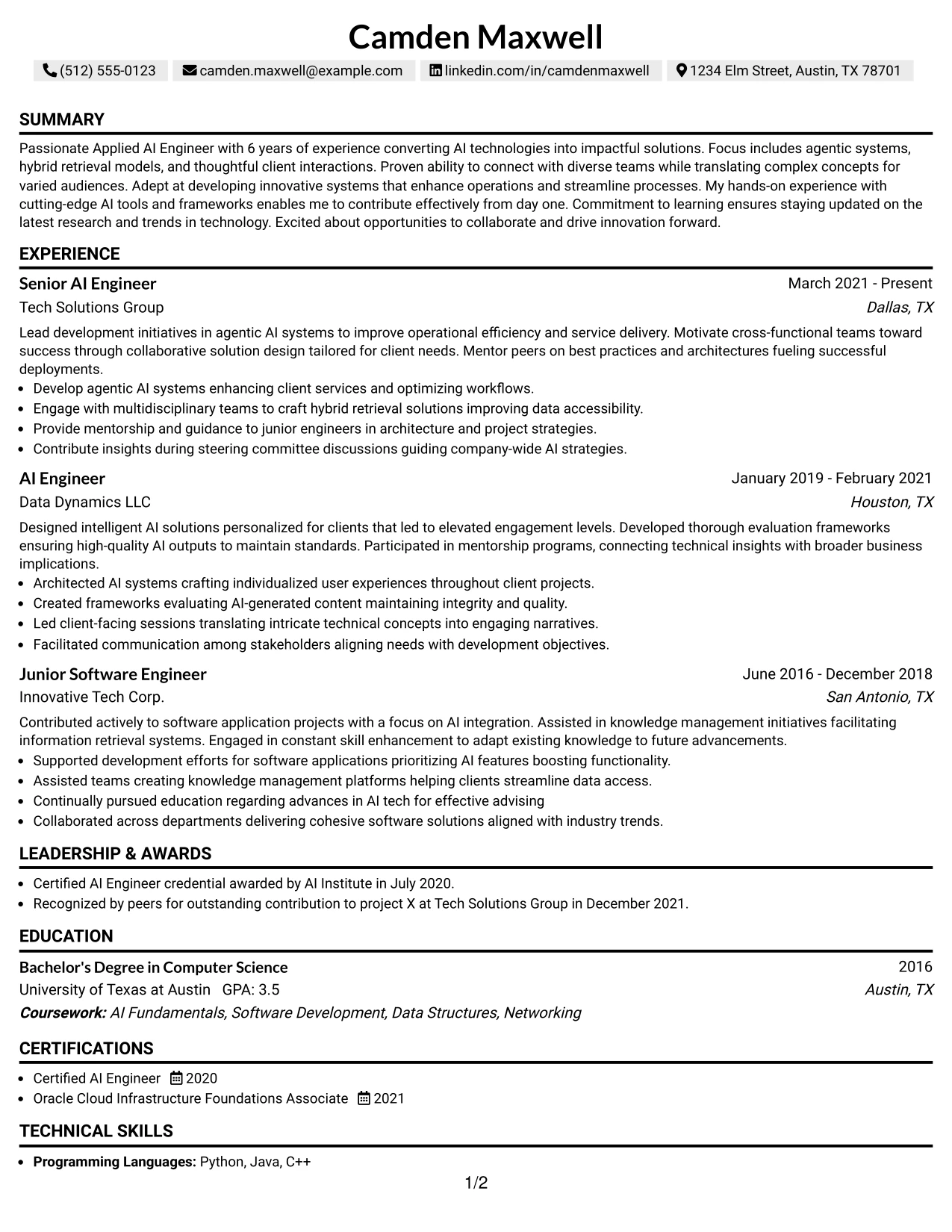 Resume Example Page 1