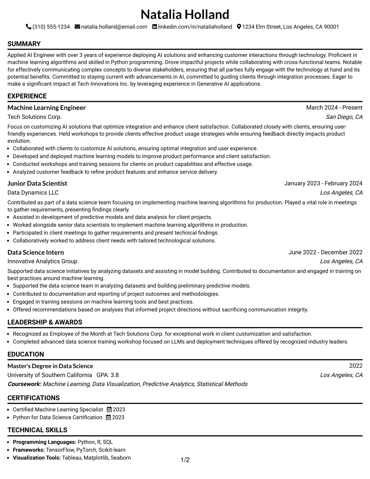 Resume Example Page 1