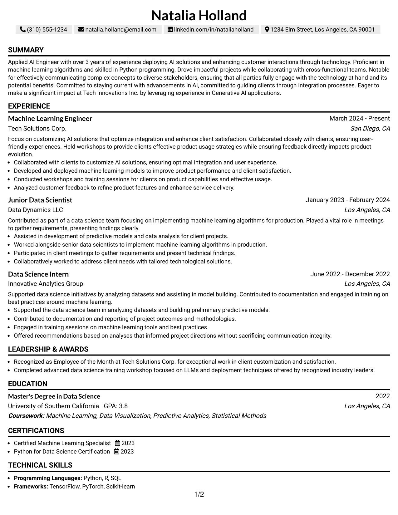 Resume Example Page 1