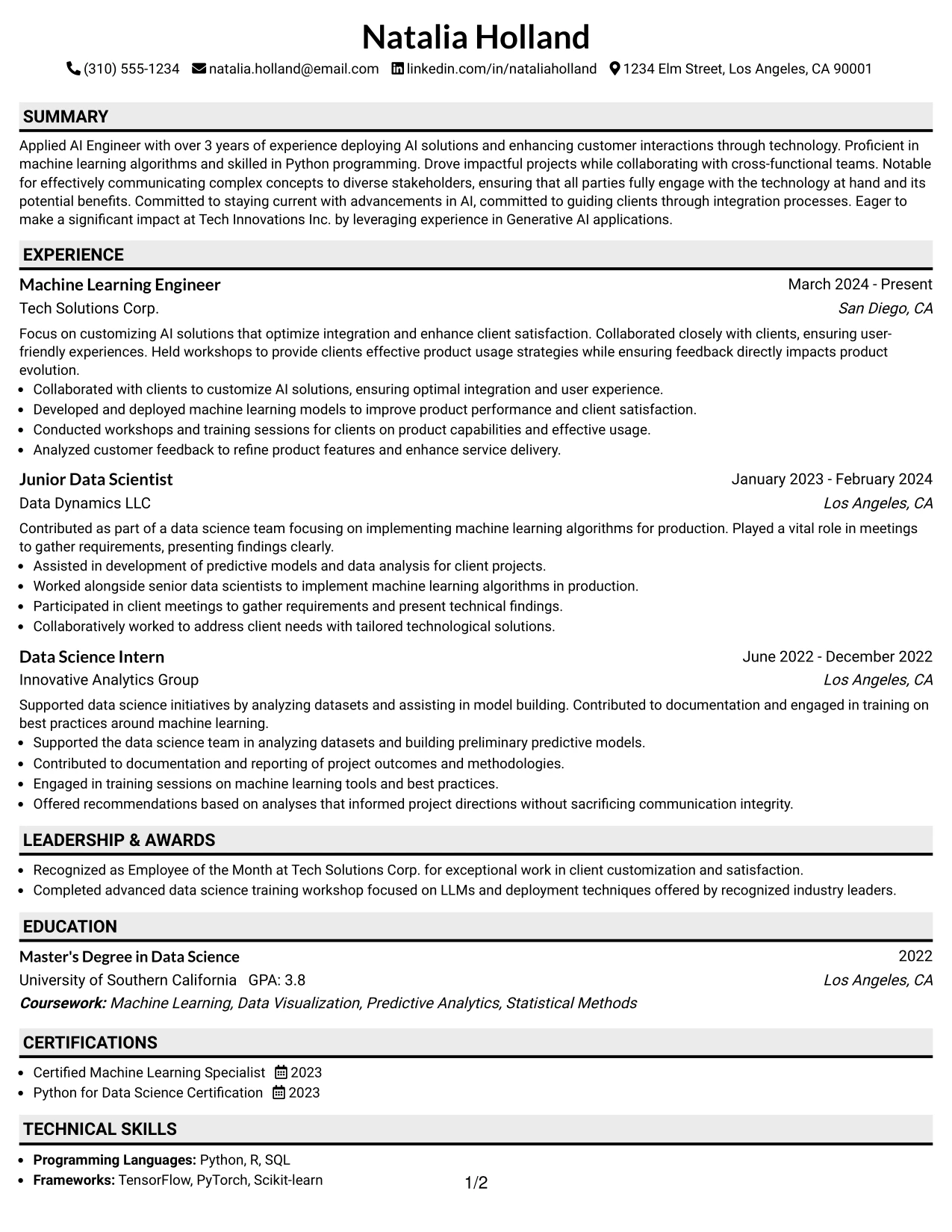 Resume Example Page 1