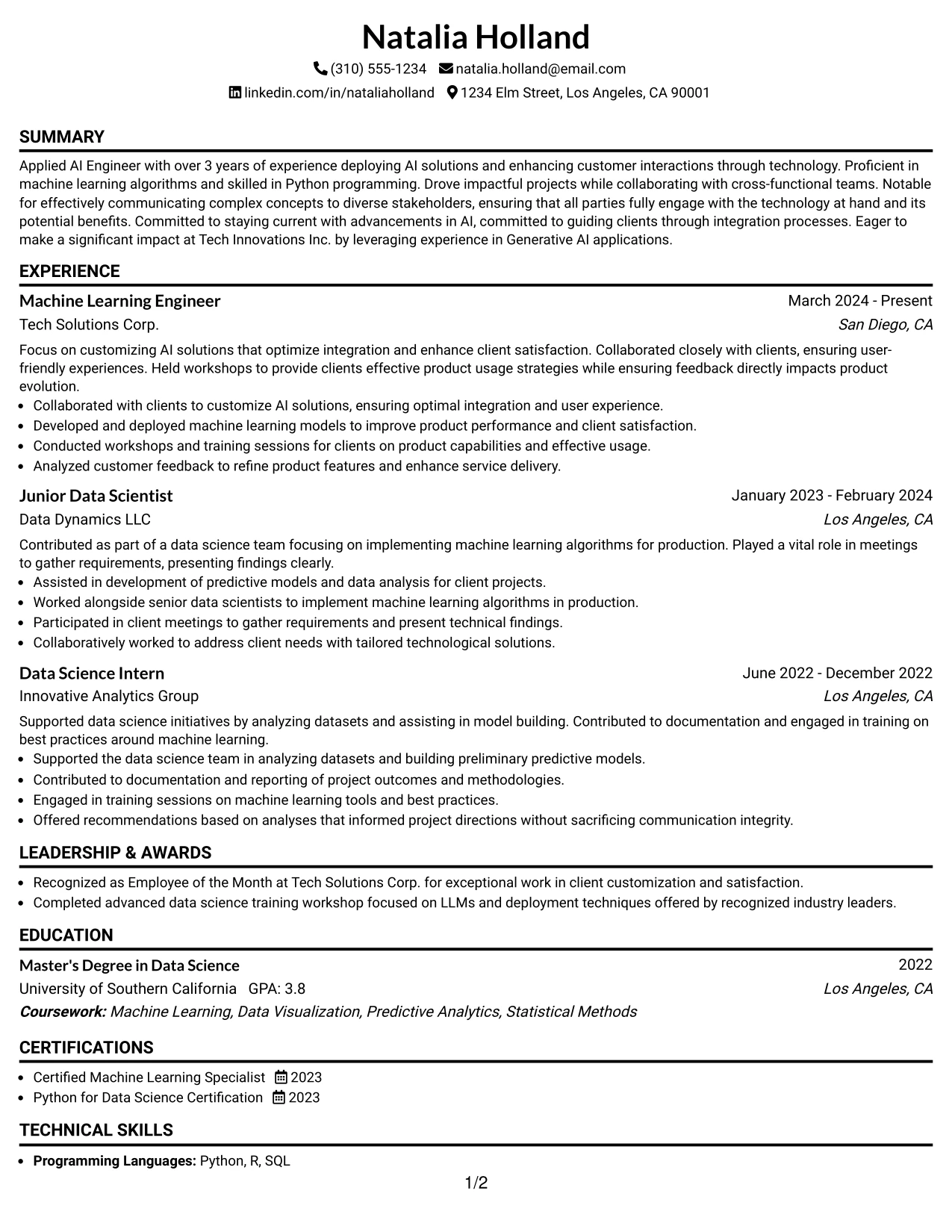 Resume Example Page 1