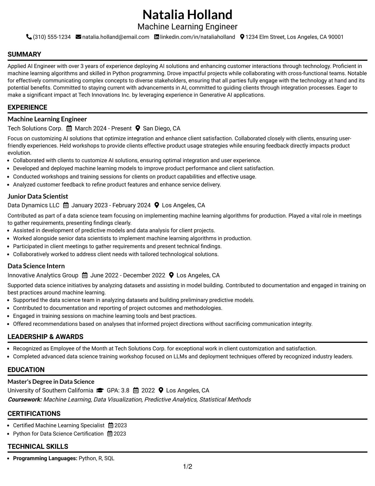 Resume Example Page 1