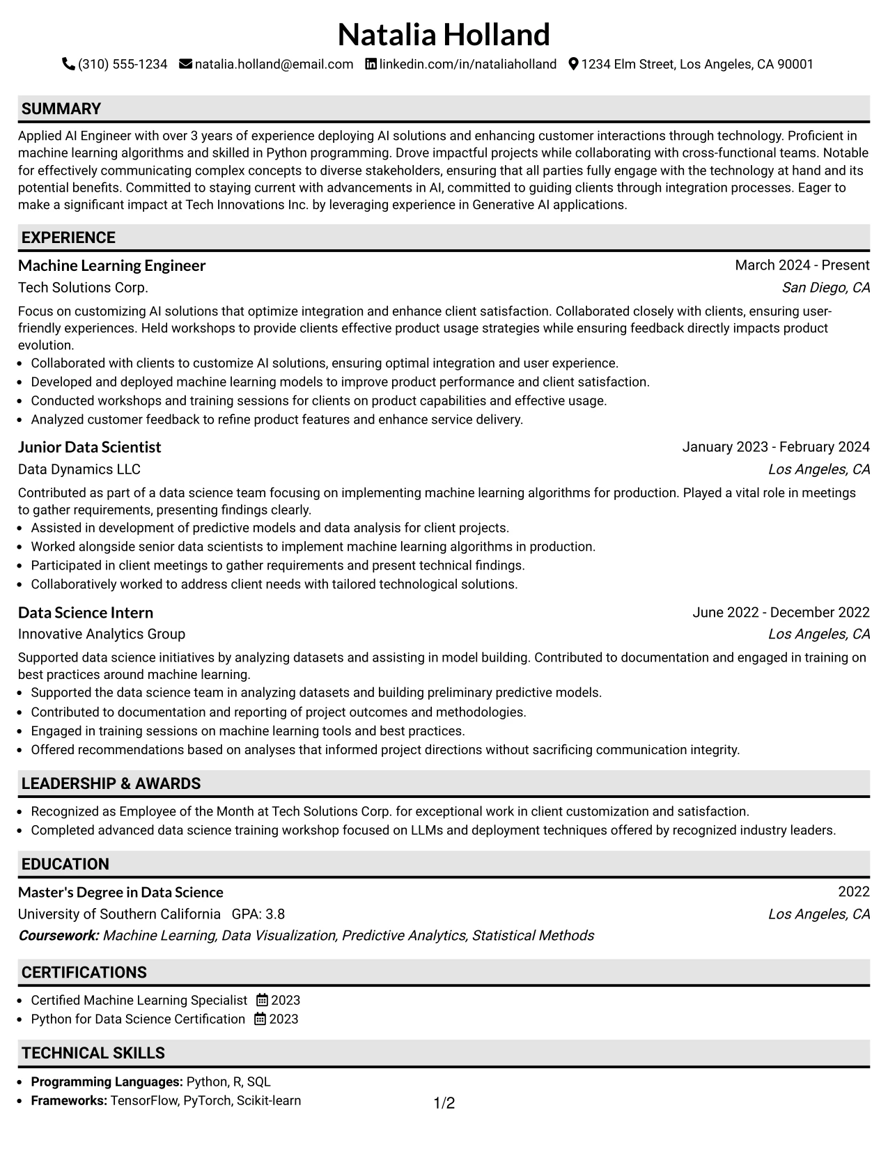 Resume Example Page 1