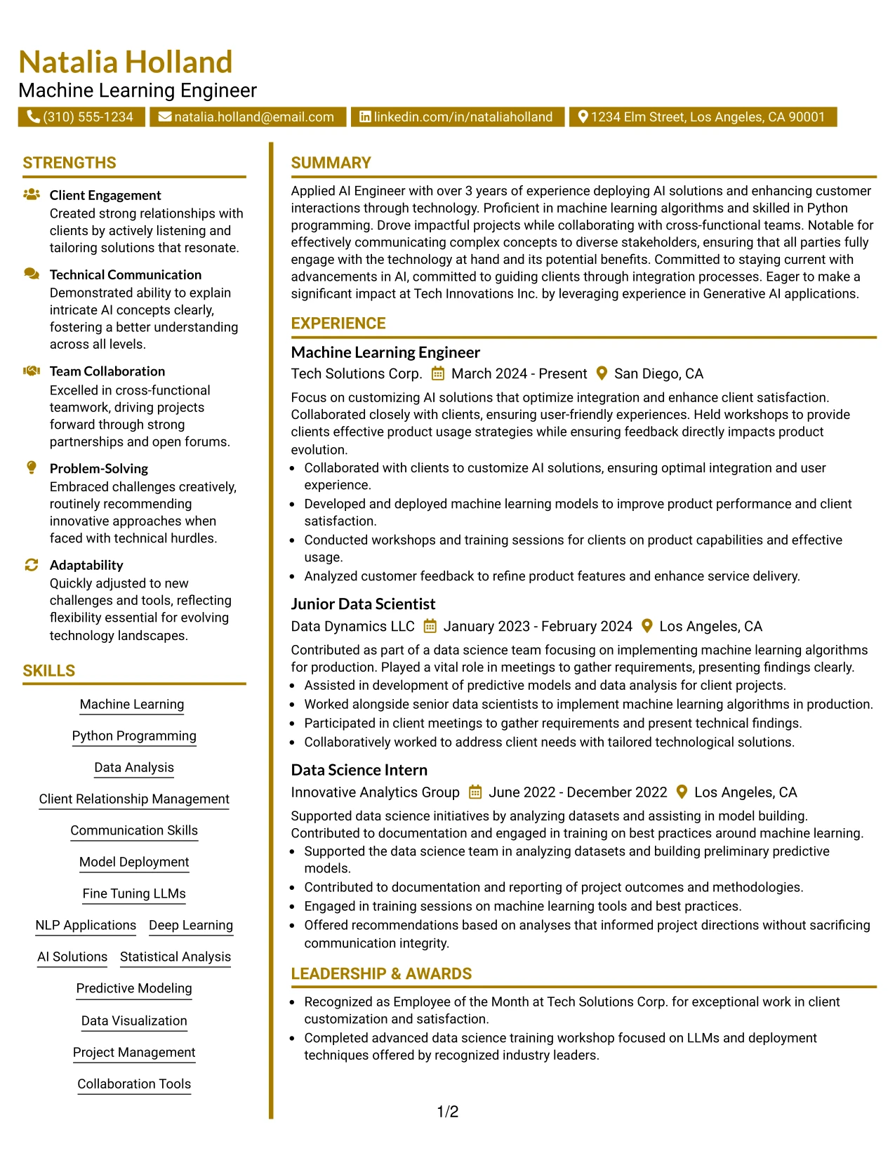 Resume Example Page 1