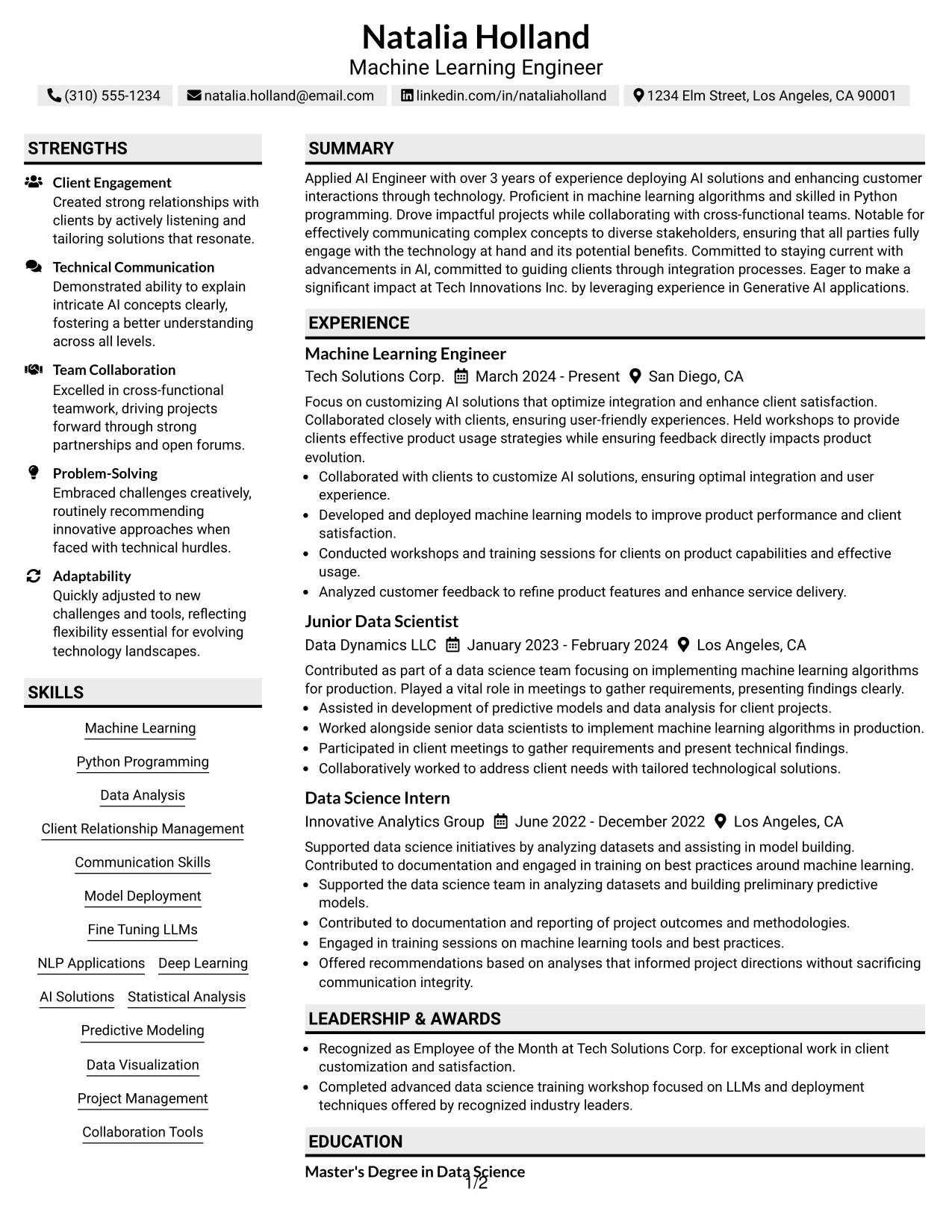 Resume Example Page 1