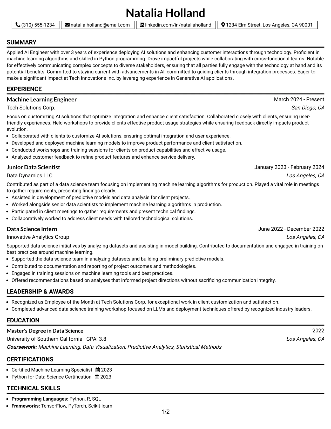 Resume Example Page 1