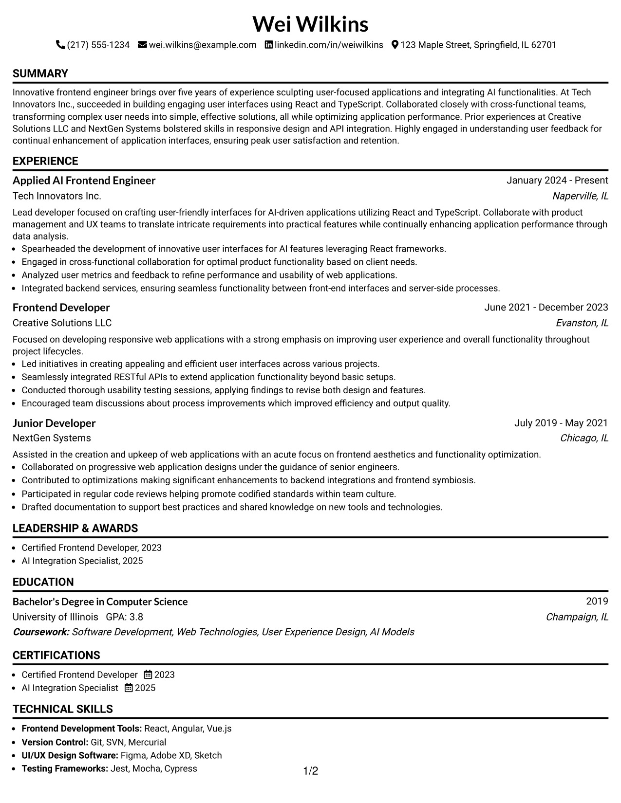 Resume Example Page 1