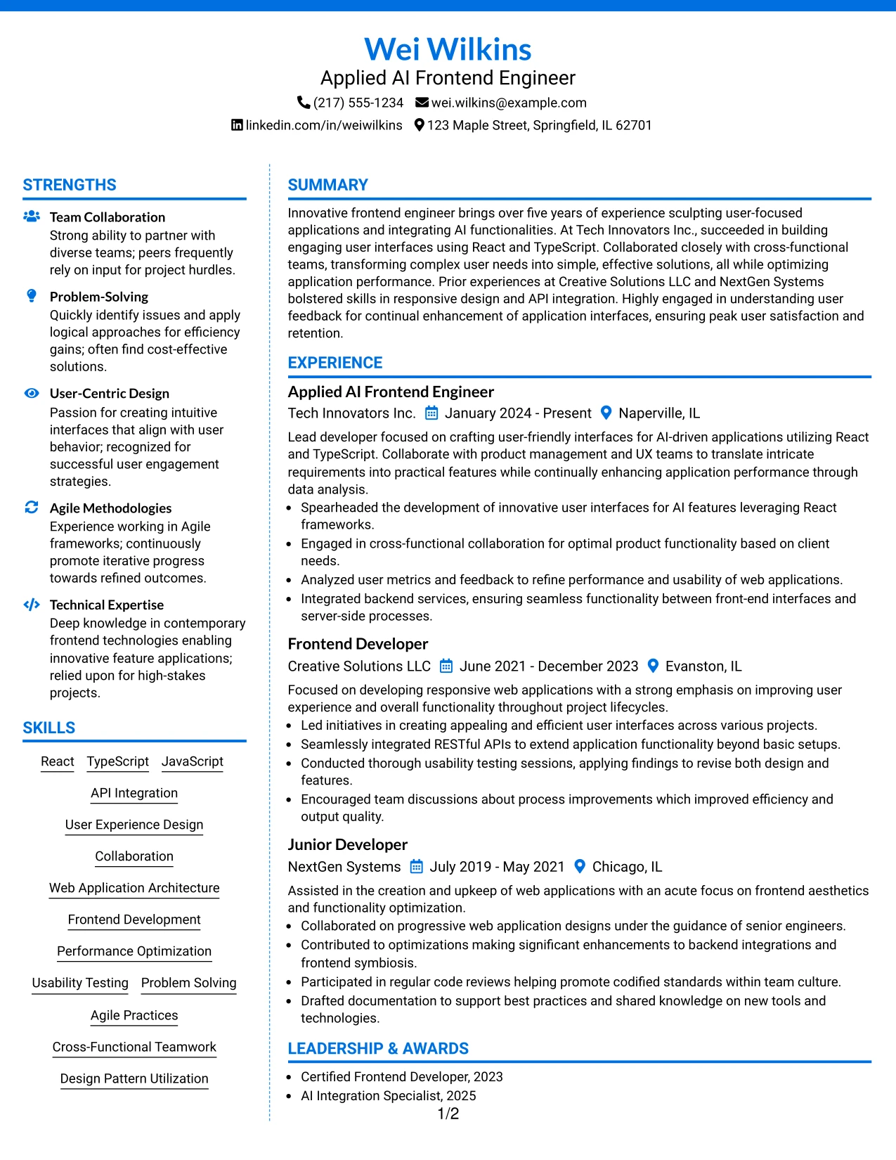 Resume Example Page 1