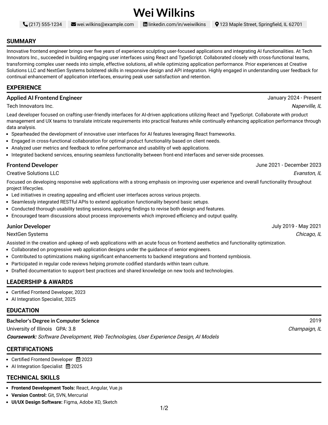 Resume Example Page 1