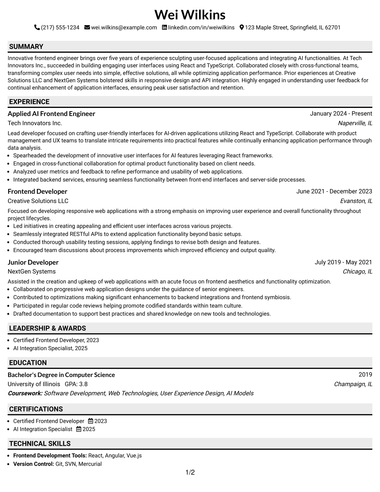 Resume Example Page 1