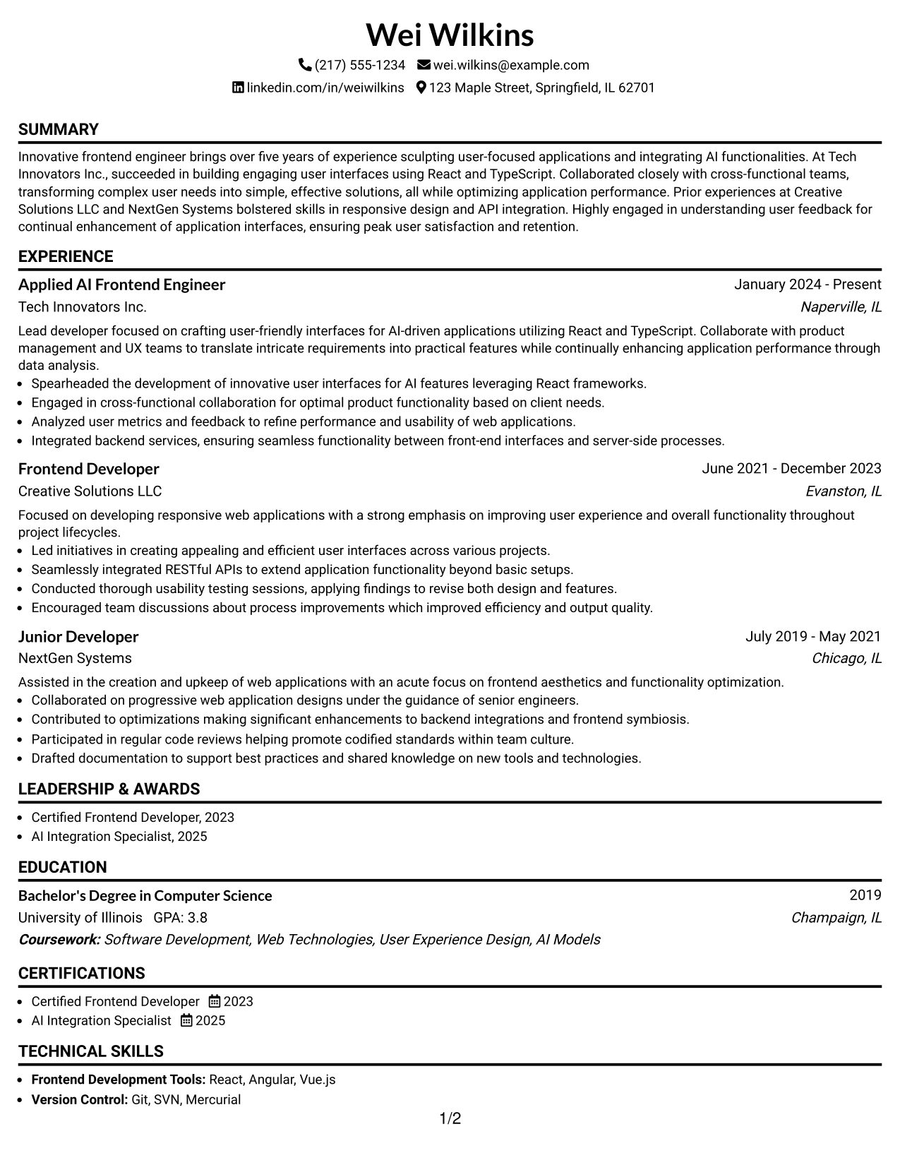 Resume Example Page 1