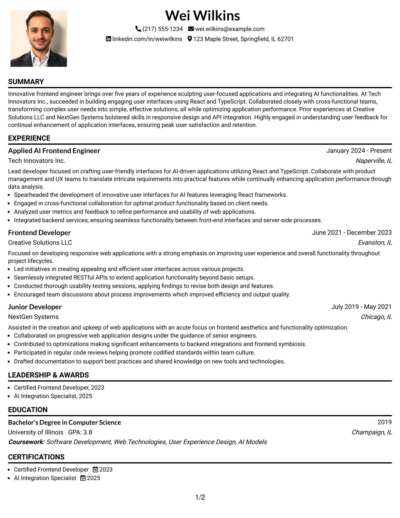 Resume Example Page 1