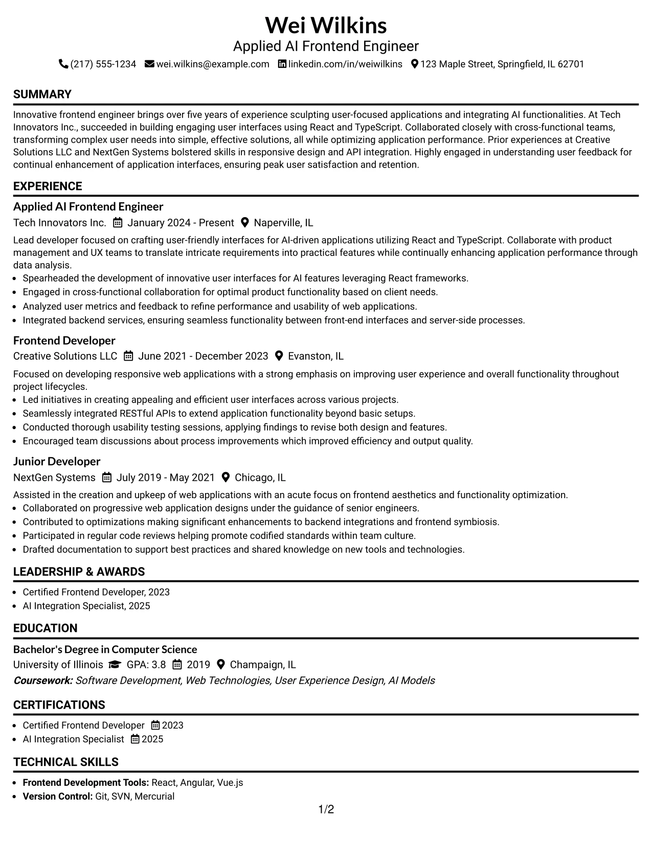 Resume Example Page 1
