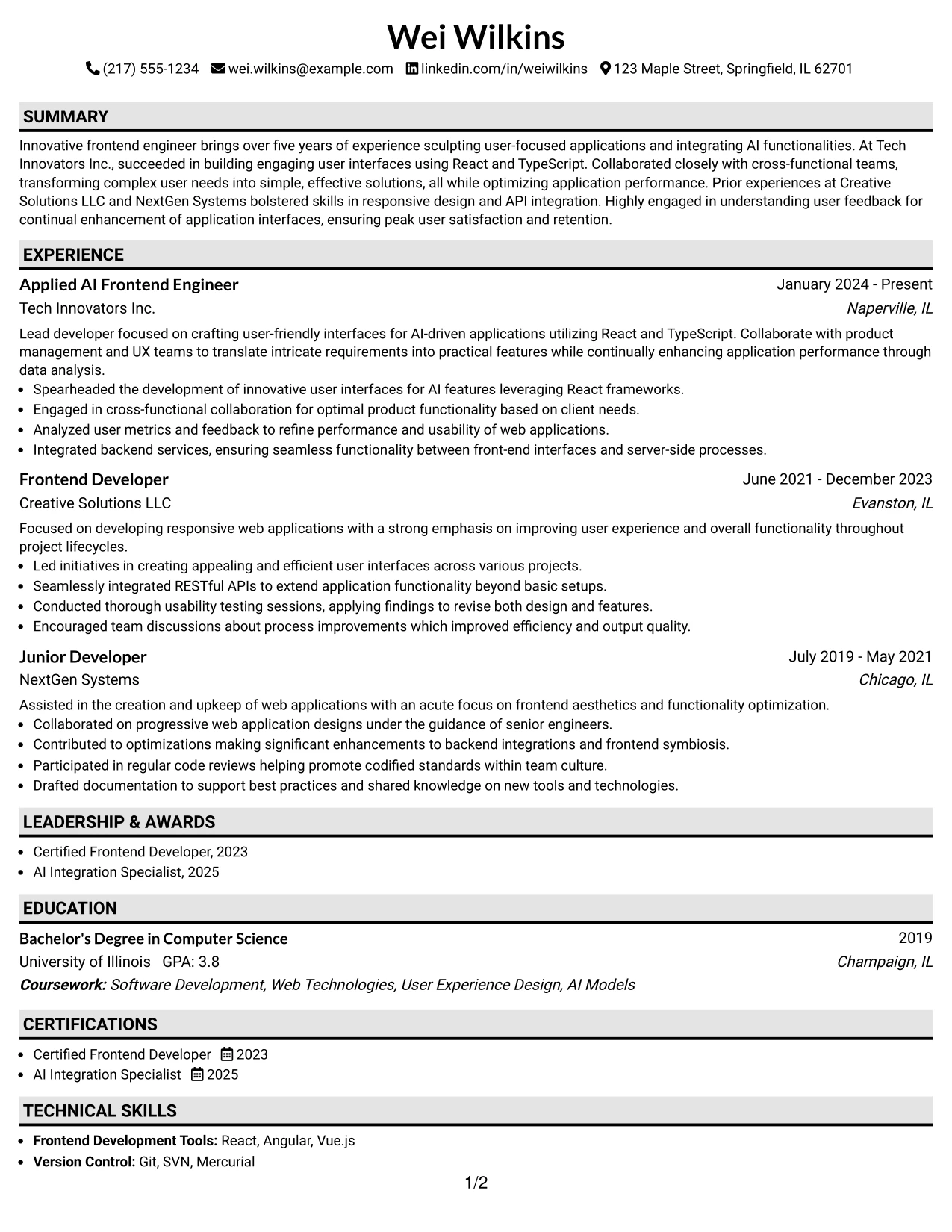 Resume Example Page 1
