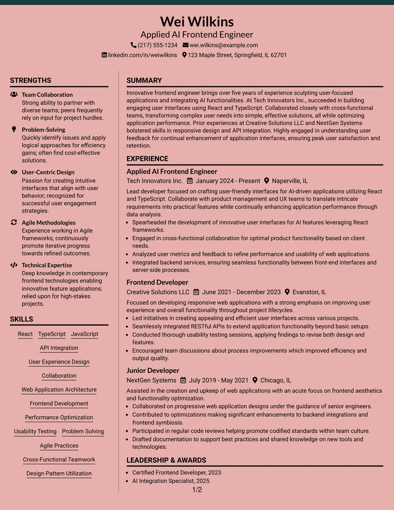 Resume Example Page 1