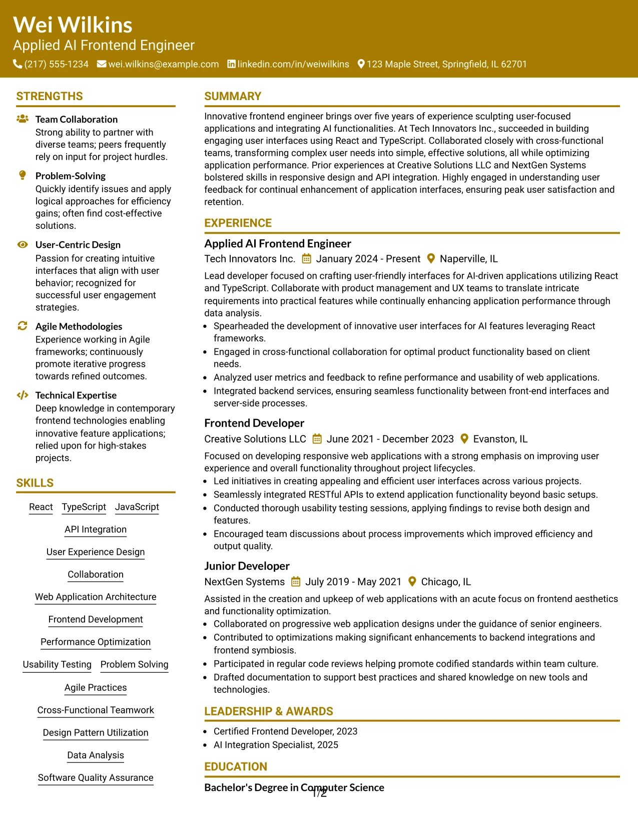 Resume Example Page 1