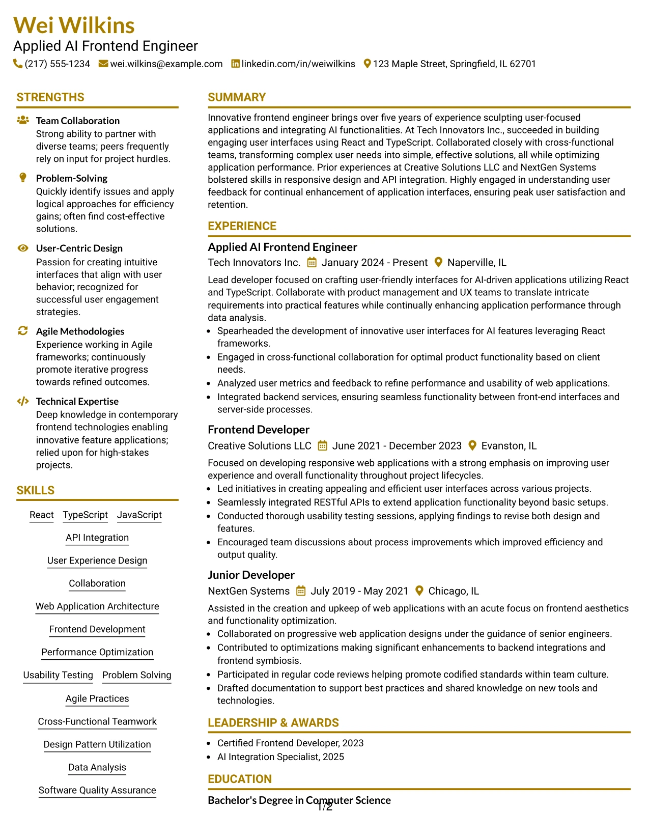 Resume Example Page 1