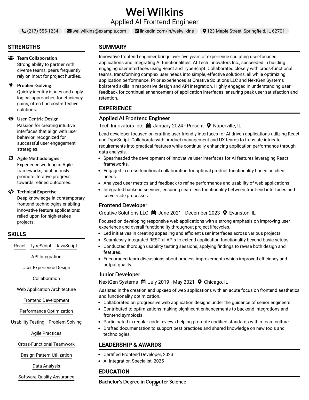 Resume Example Page 1