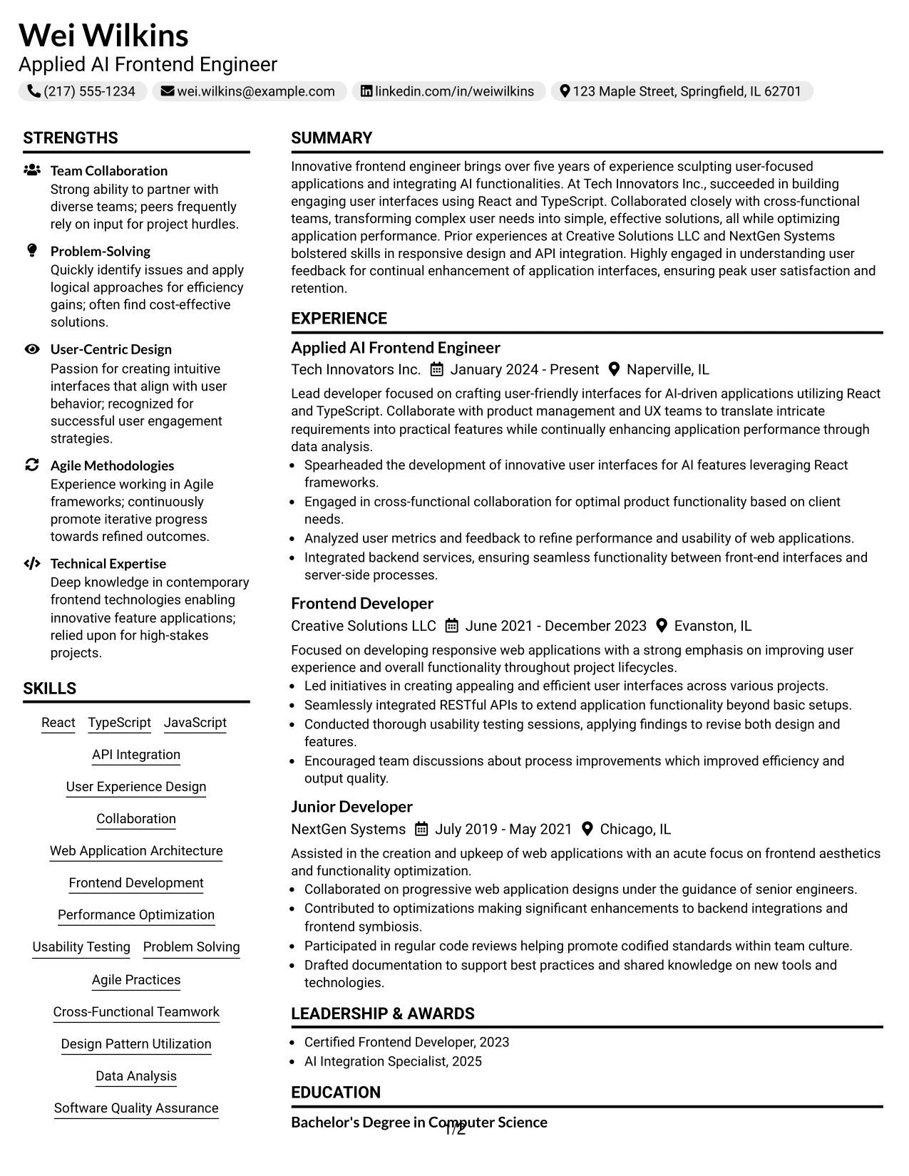 Resume Example Page 1
