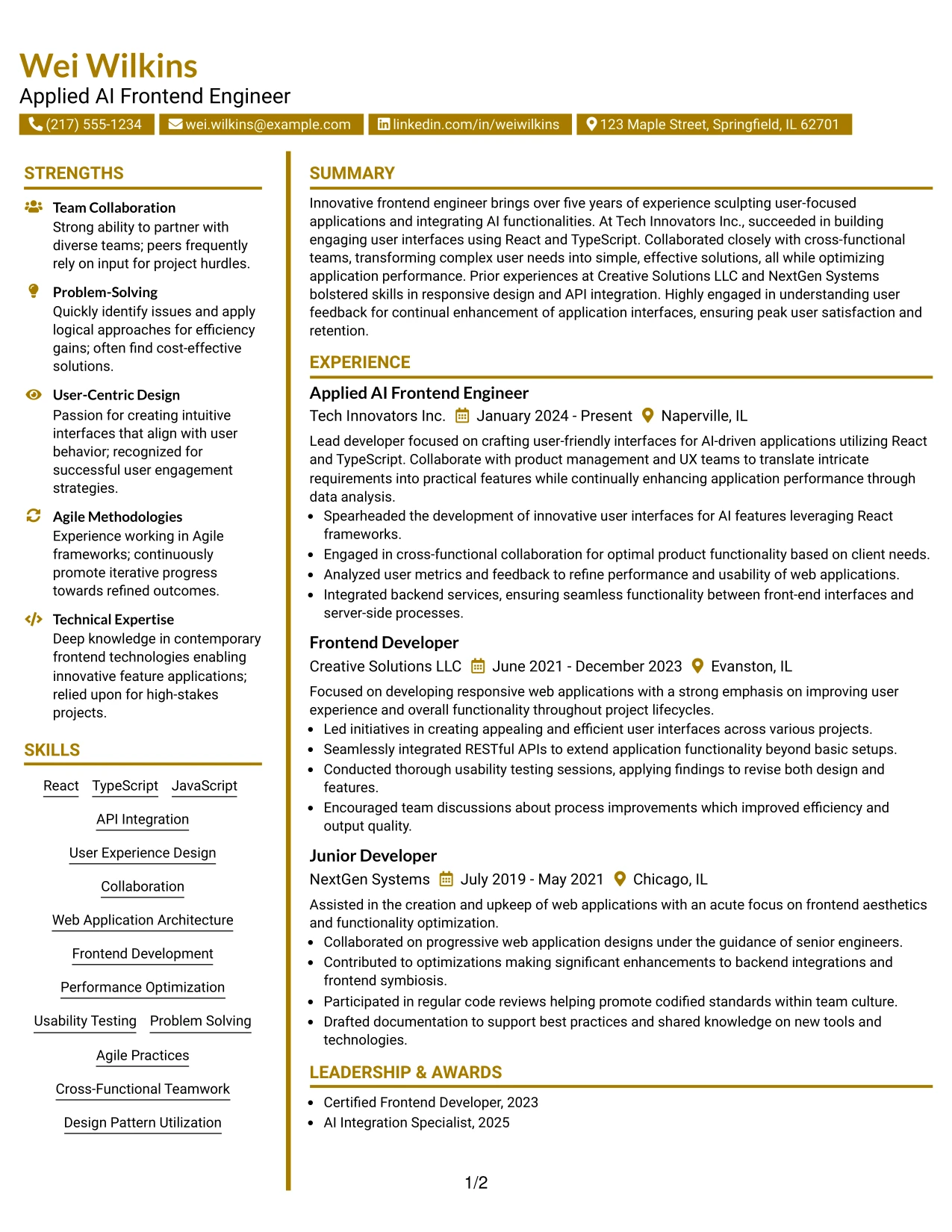 Resume Example Page 1