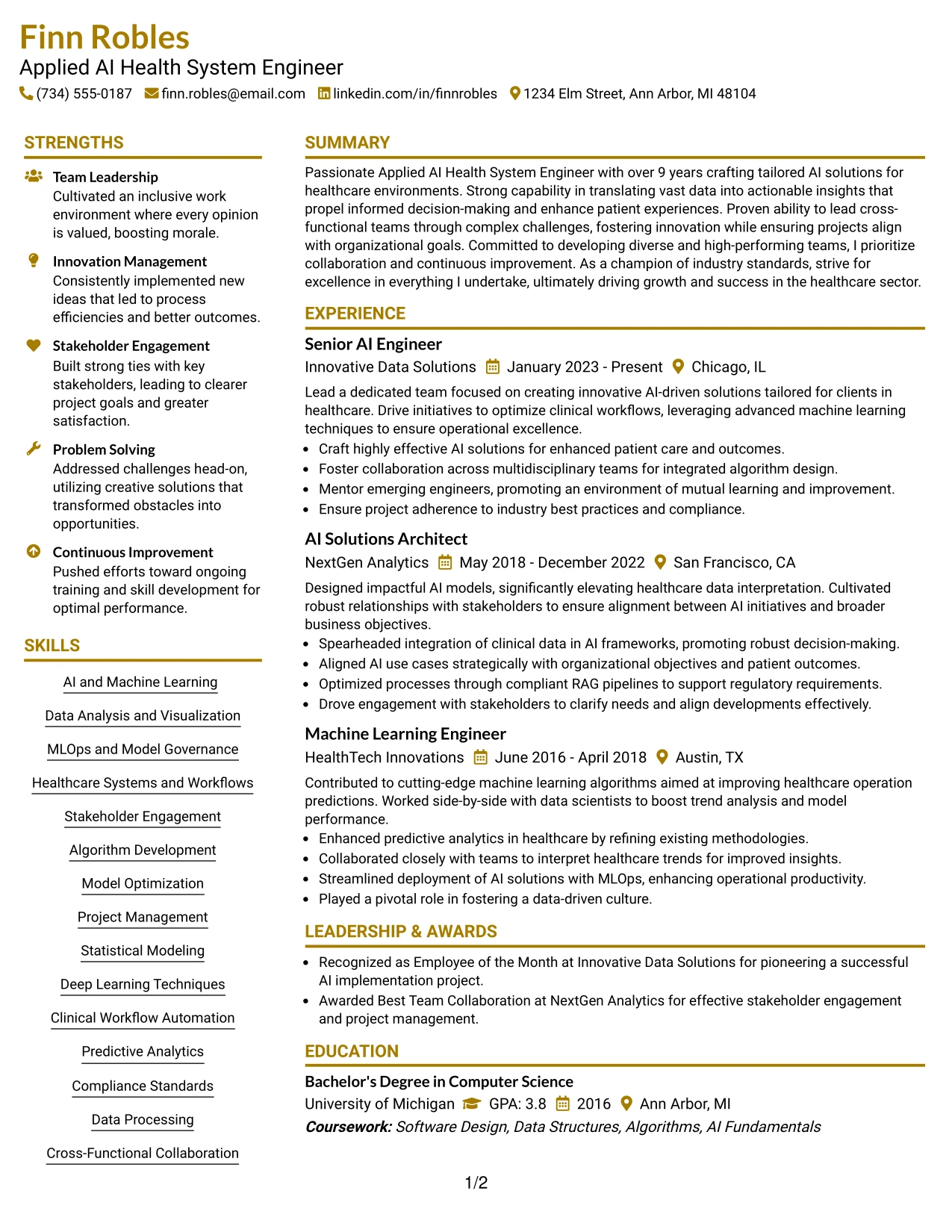 Resume Example Page 1